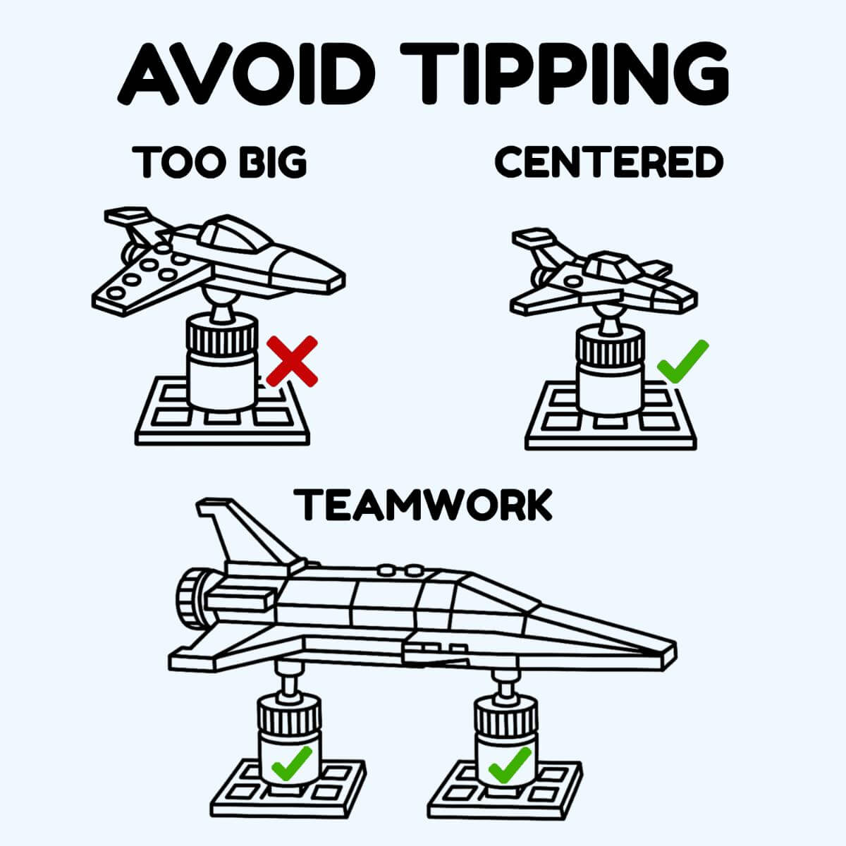 Illustrated guide showing how to safely use adjustable LEGO display stands. Advises keeping builds centered and using multiple stands for larger sets to avoid tipping.