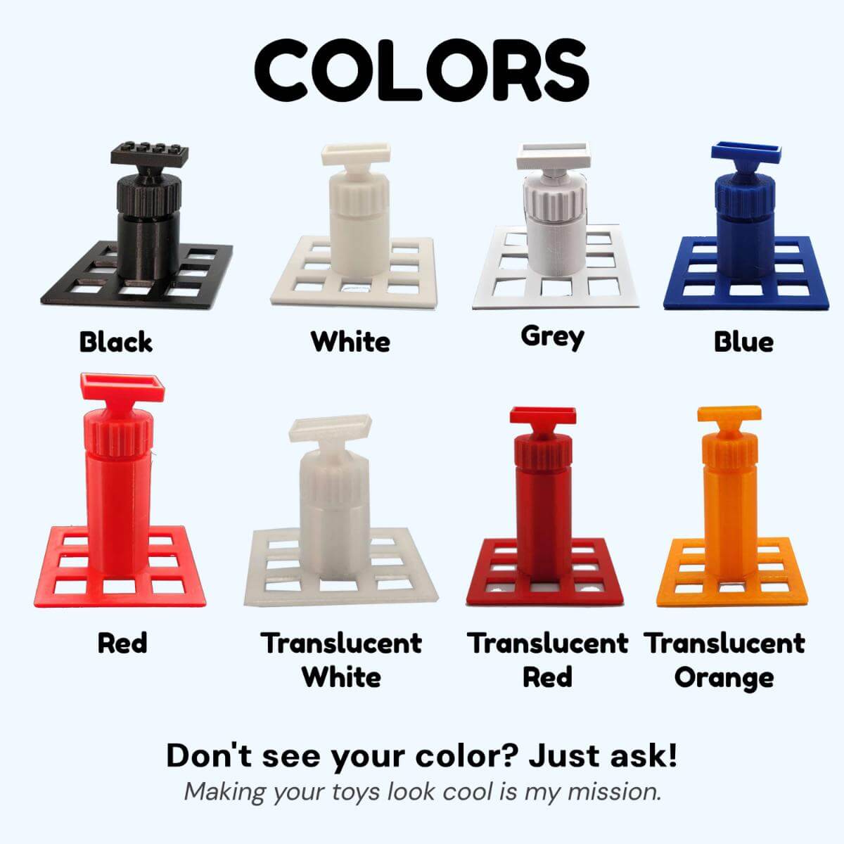 Color options for LEGO compatible display stands, including matte black, white, and vibrant colors. Designed to fit standard LEGO bricks and minifigures securely.