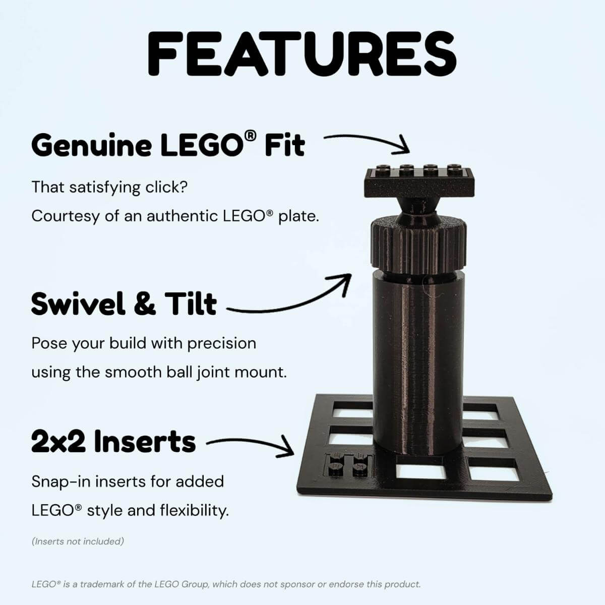 Informational graphic outlining LEGO display stand features, including swivel and tilt articulation, genuine LEGO stud fit, and snap-in 2x2 inserts for flexibility. Designed for collectors who want to pose sets precisely and securely.