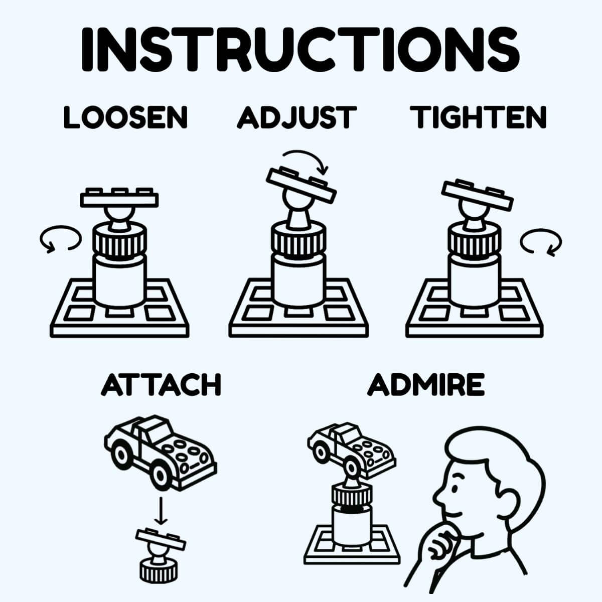 Step-by-step guide showing how to use a LEGO compatible display stand: loosen, adjust, and tighten the mount, then attach your model. Ideal for new users or gift recipients.