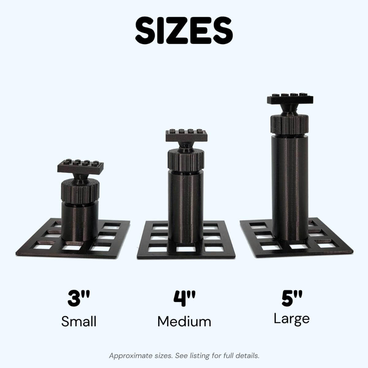 Visual chart showing small, medium, and large LEGO compatible display stand options. Each height fits different set sizes, from small speeders to large ships and vehicles.