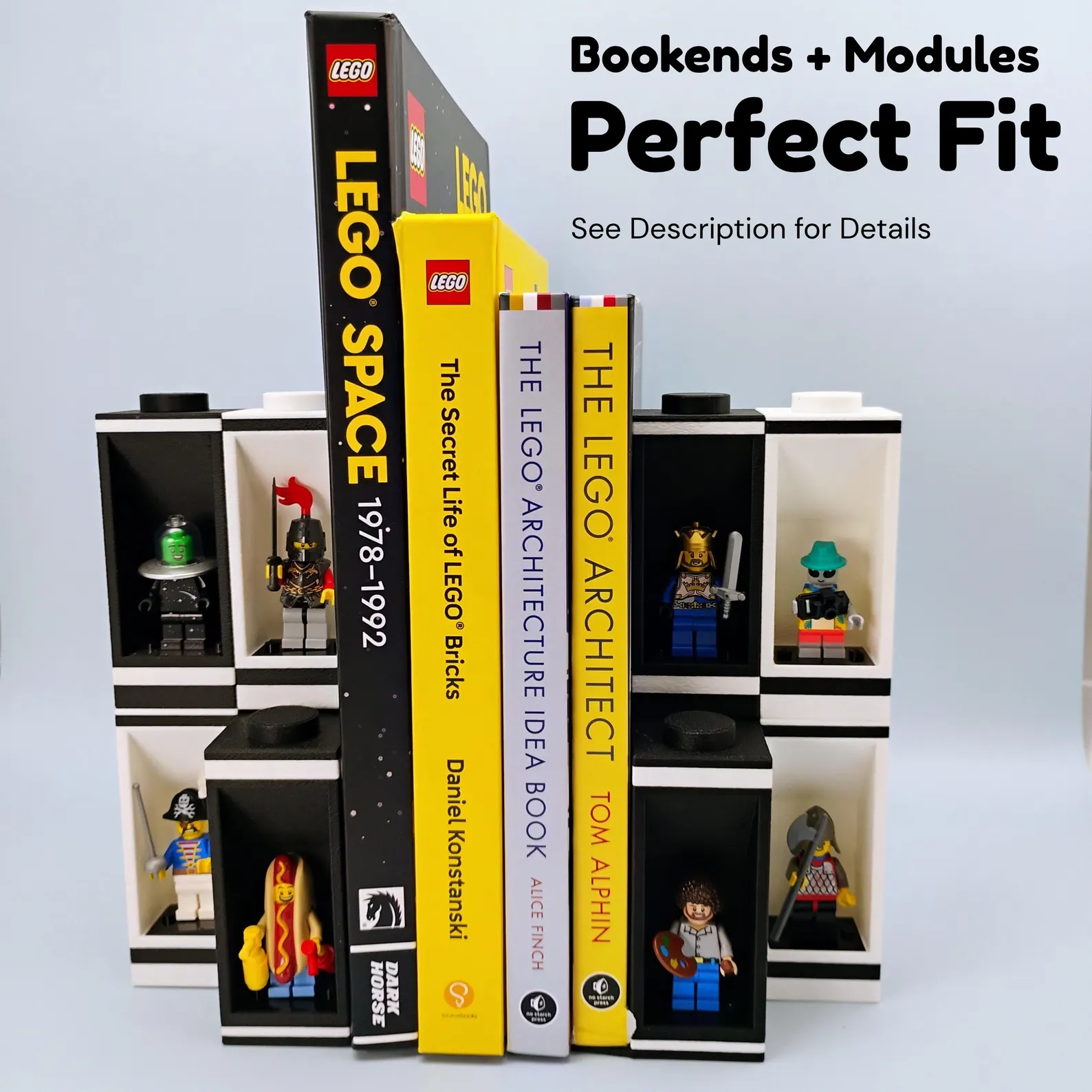 Bookends and LEGO® modules displayed with LEGO® Space and Architecture books for a perfect fit on collector shelves.