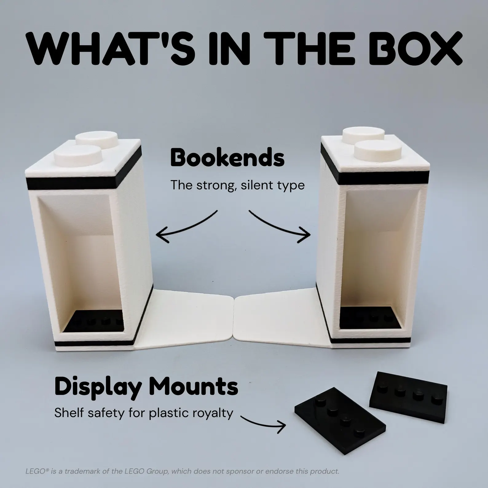 What’s in the box diagram showing LEGO®-compatible bookends and display mounts included in every order. Components fit standard shelves and books.
