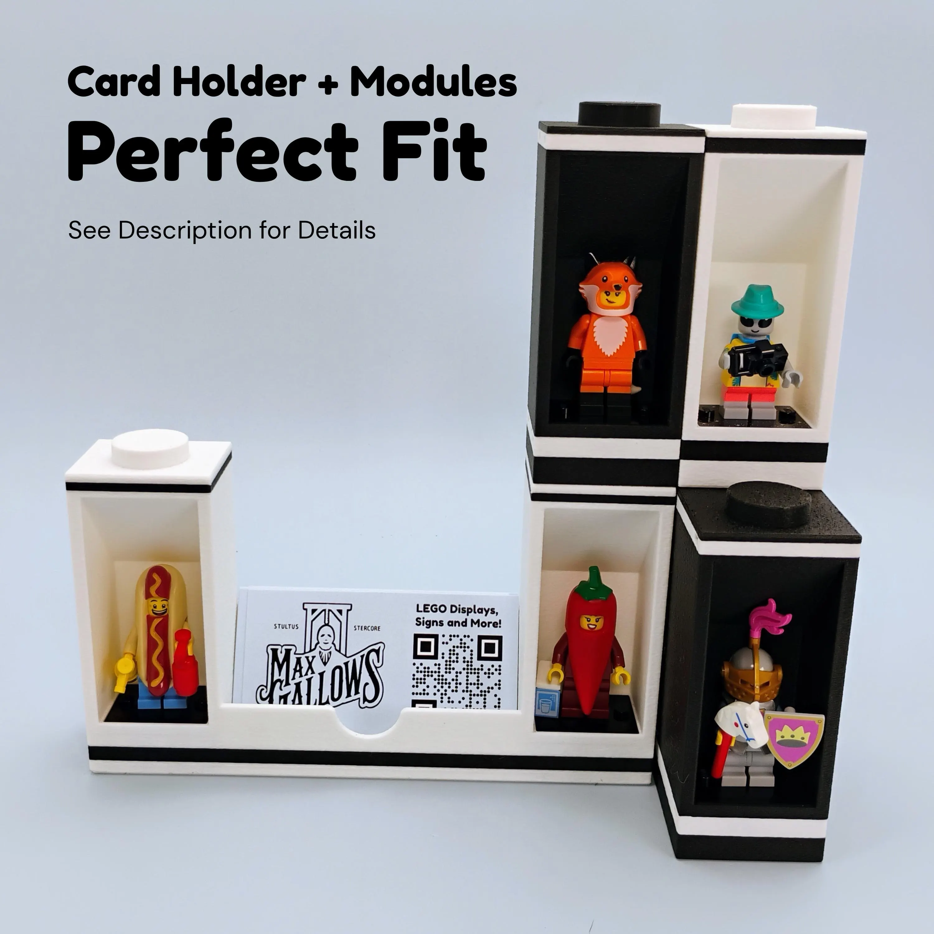 Modular LEGO® minifigure bookend display stands connected together showing a perfect fit design. Compatible with modular display systems.