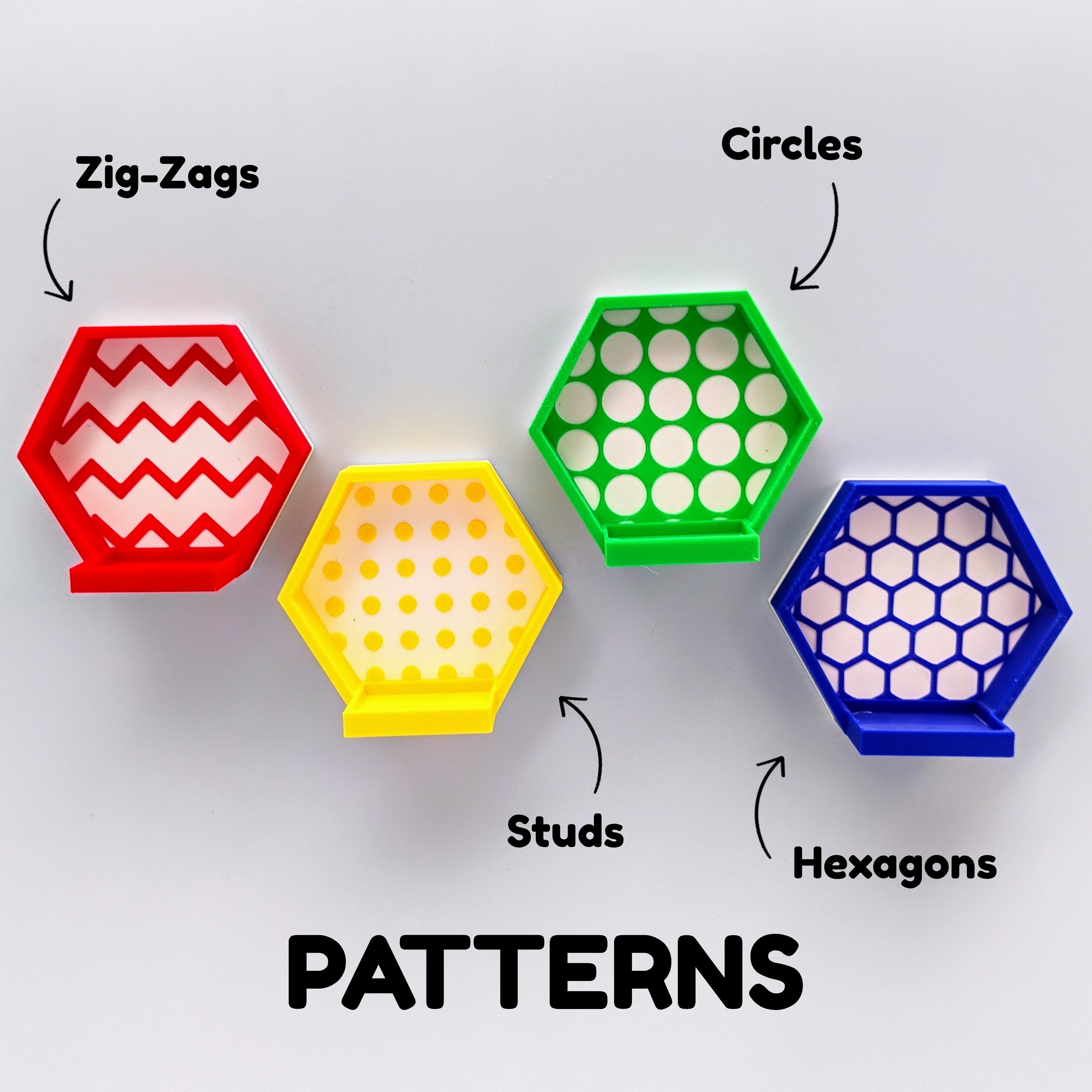 LEGO® magnetic display pattern chart showing zig-zag, circle, stud, and hexagon designs. Customizable wall display for collectors and builders.