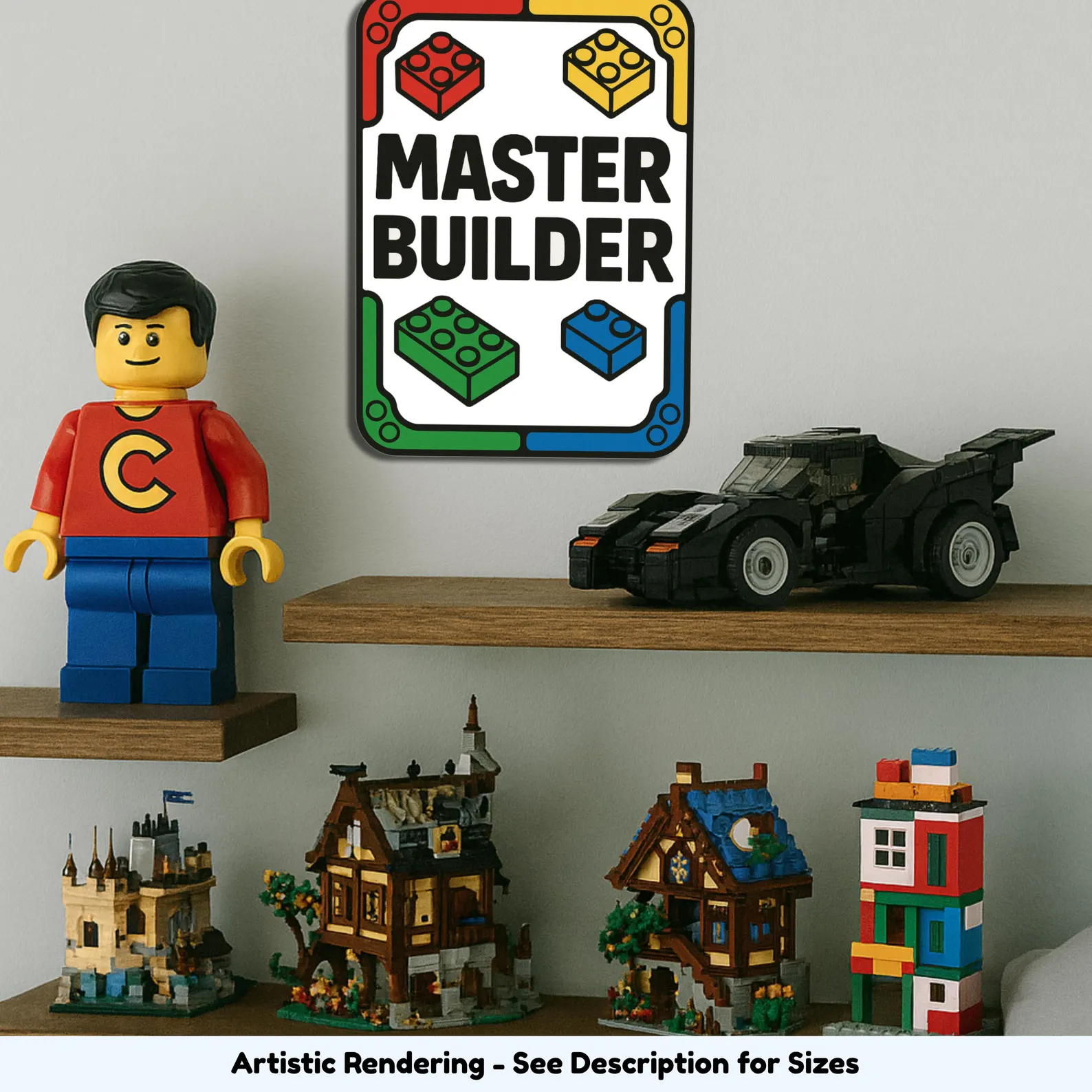Master Builder sign displayed on a desk next to brick creations, perfect for a build station or work surface.