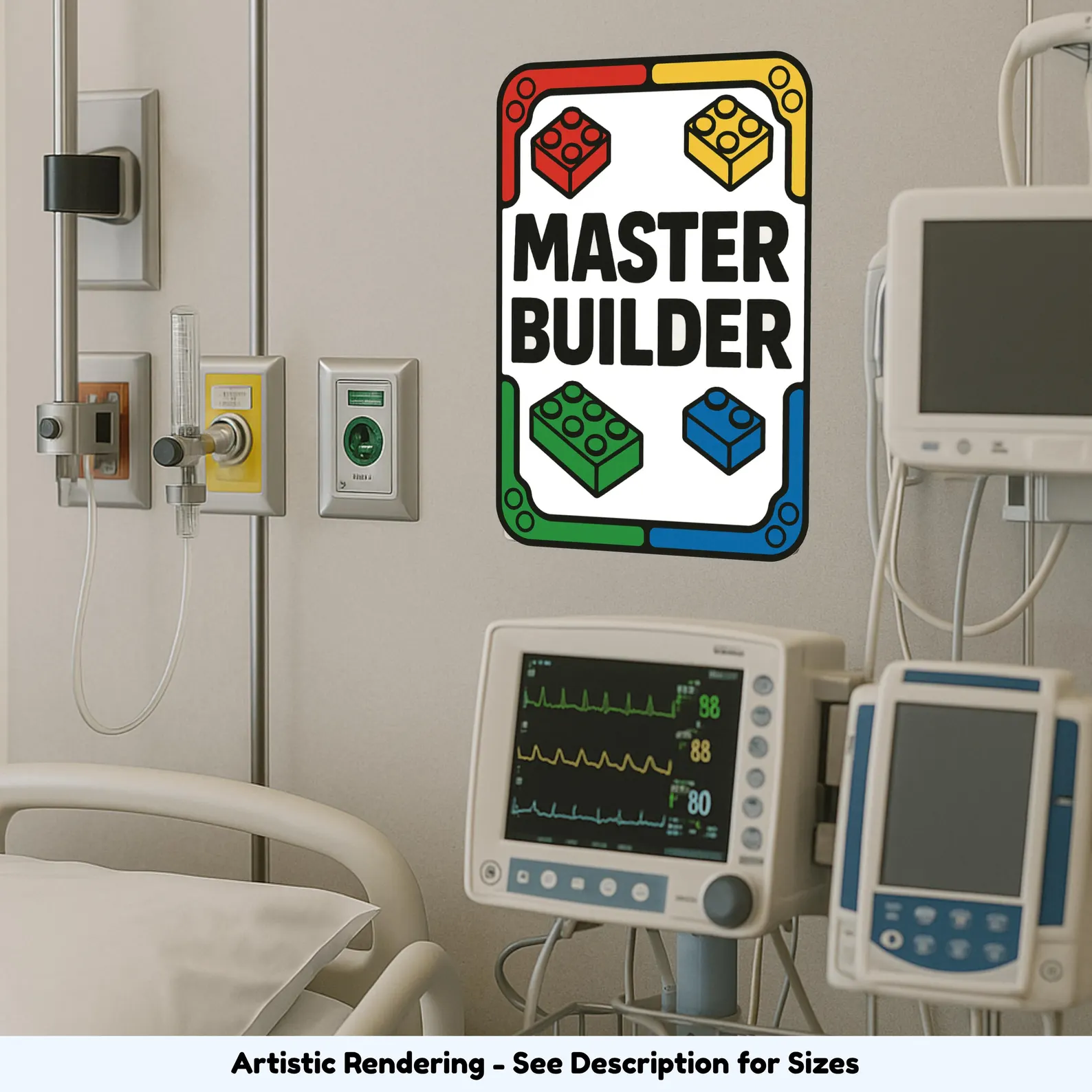 Master Builder sign hung on a wall near a shelf of brick builds, adding bold builder energy to the room.
