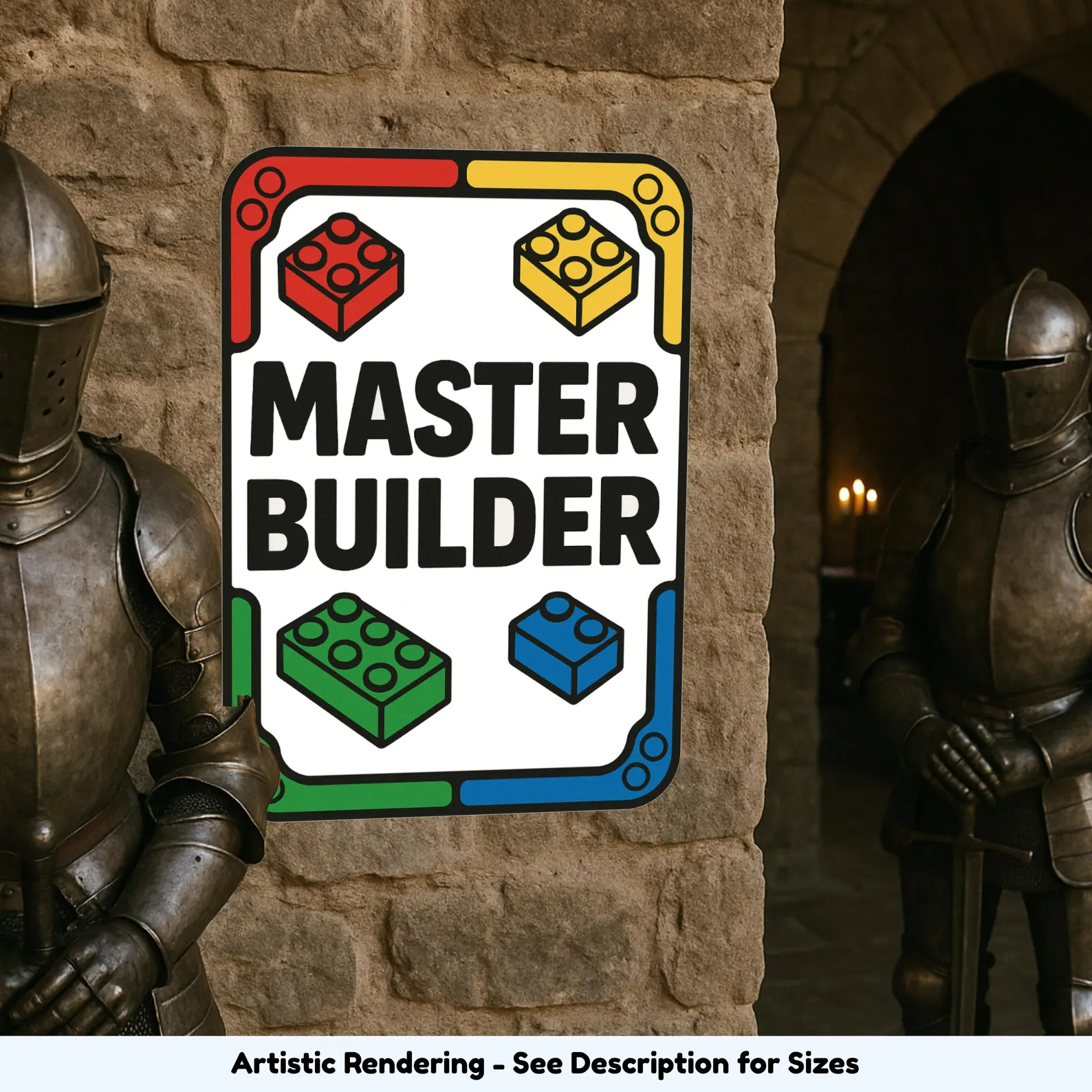 Master Builder sign used in a hobby workspace to mark a parts bin area and show builder status.