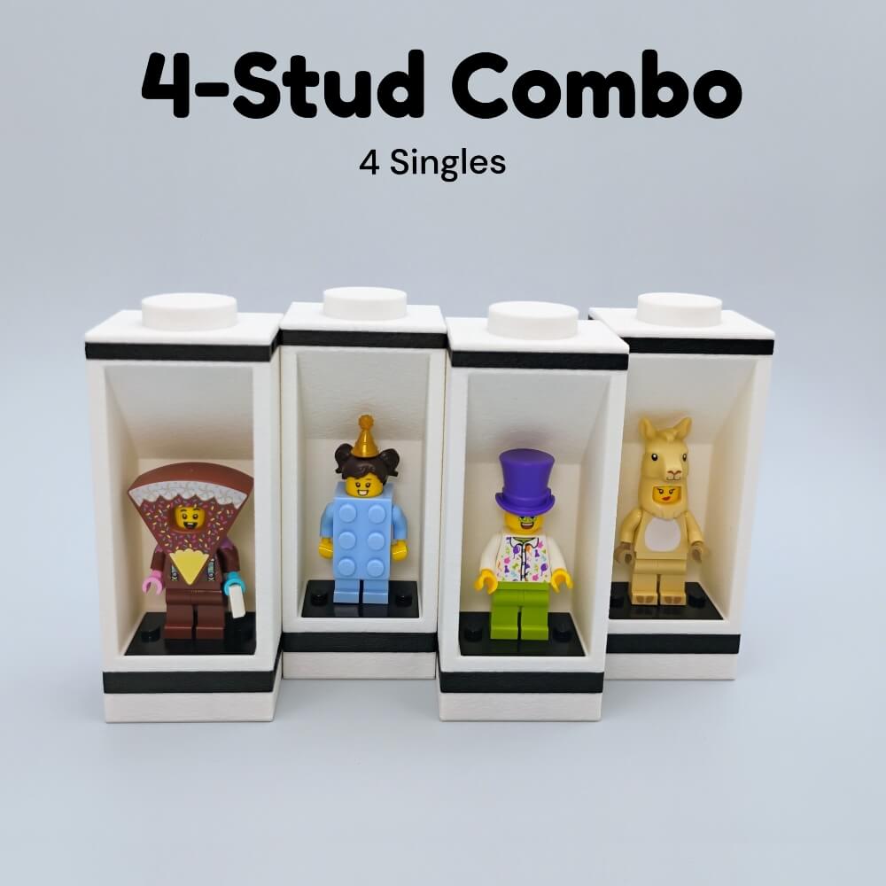 Four single-stud modular LEGO® minifigure displays arranged in a row. This 4-stud combo set includes four modular cases with genuine LEGO® 3×4 minifig plates inside each unit. Displays stack with connector pins for stability while keeping your LEGO® figures secure and upright. Ideal starter set for collectors or as a gift. Modern black and white design highlights minifigs while offering expandable modular organization. Custom color options available.
