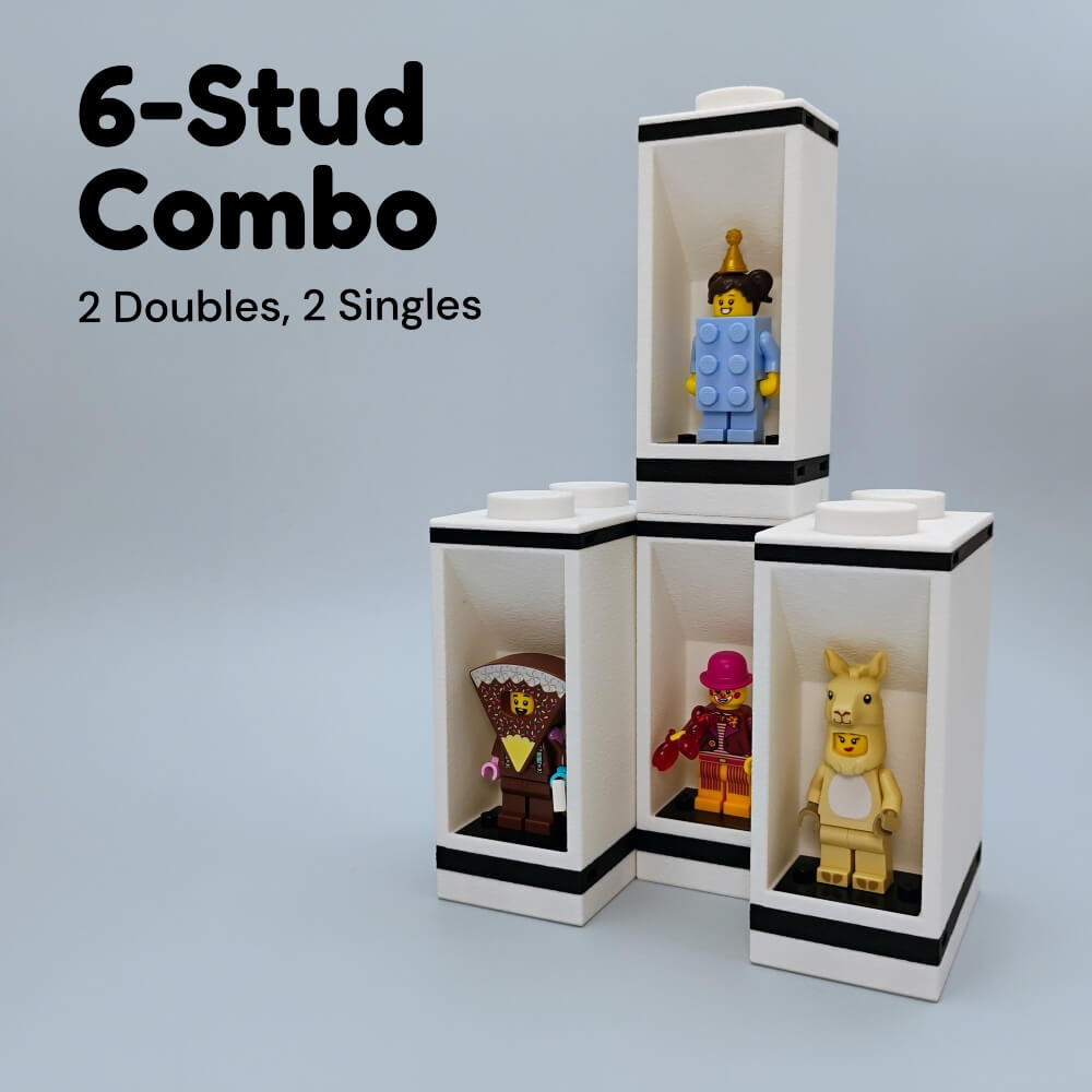 Modular LEGO® minifigure display 6-stud combo featuring two double-stud units and two single-stud cases arranged in a stacked design. Includes genuine LEGO® 3×4 minifig plates for stability. Connector pins ensure secure stacking while allowing endless modular arrangements. Displays do not interlock, preventing wear and damage. Perfect for collectors who want a mid-size customizable showcase. Custom colors available to match LEGO® themes, shelves, or décor.