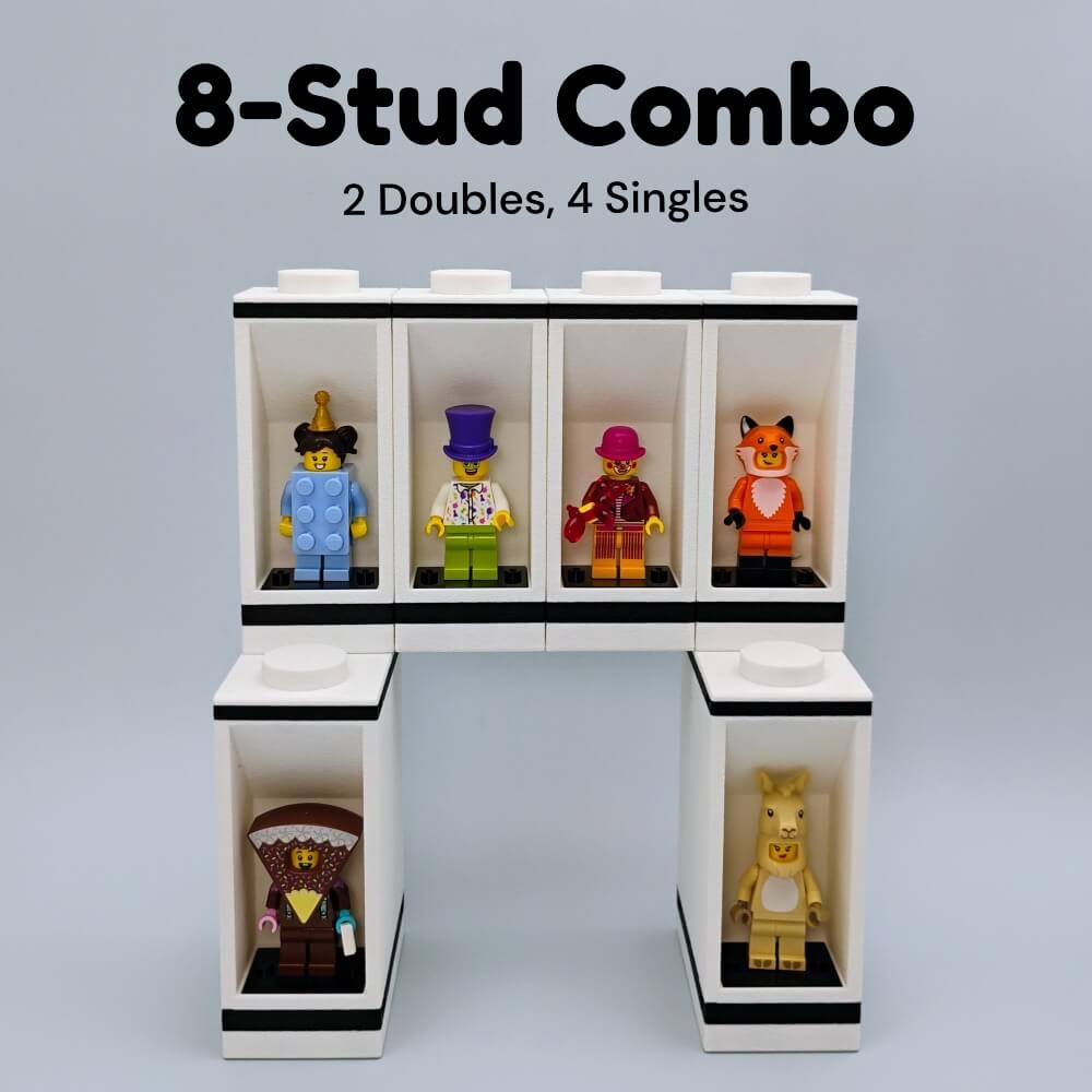 Large LEGO® minifigure display combo featuring two double-stud cases and four single-stud units arranged into an 8-stud modular system. Each display includes a genuine LEGO® 3×4 minifig plate for secure placement. Displays connect with pins and stack easily without interlocking, preventing stress on the build. Ideal for collectors with larger series or themed minifig sets. Modular design allows endless expansion and custom color requests to personalize your collection showcase.