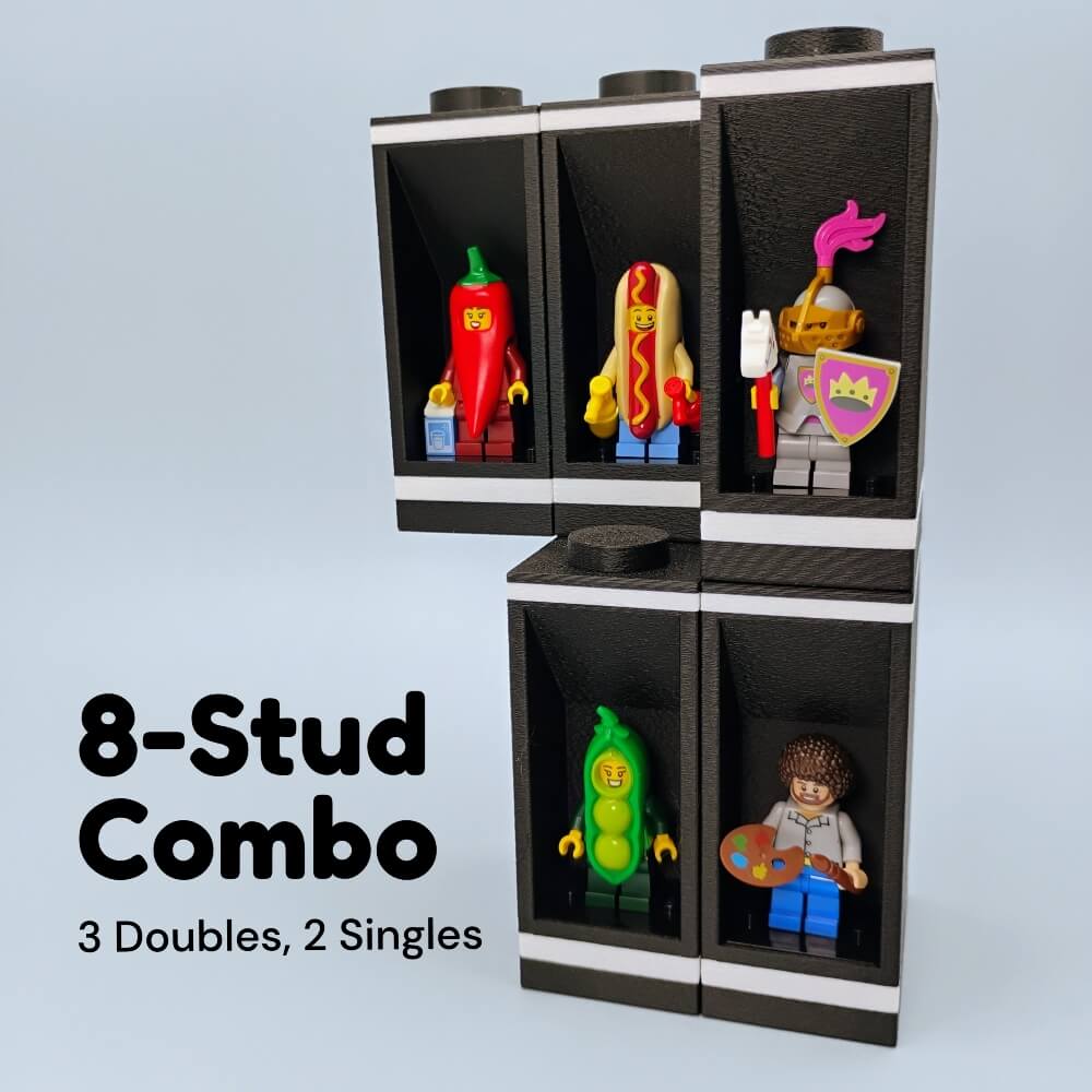 Modular LEGO® display case set with three double-stud and two single-stud units, creating an 8-stud combo. Includes authentic LEGO® 3×4 minifig plates in every display for secure figure placement. Connector pins allow stable stacking and easy rearranging while avoiding interlocking studs that could cause damage. Great for AFOLs, collectors, and LEGO® enthusiasts building a larger showcase. Custom colors available to complement themed builds, décor, or collector displays.