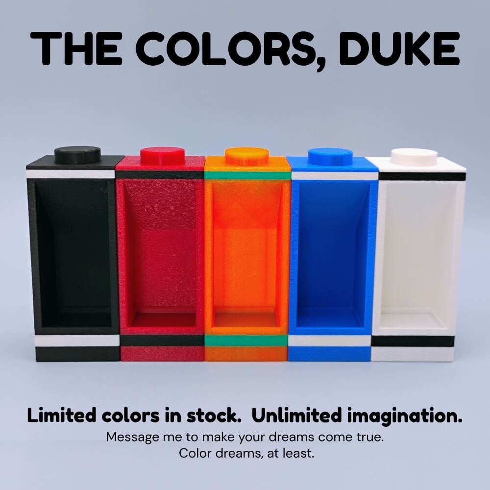 Modular LEGO® minifigure display units shown in multiple color variations including black, red, orange, blue, and white. Custom color requests available to match collector preferences or themed displays. Each display includes a genuine LEGO® 3×4 plate for figure stability. Units stack with connector pins but do not interlock to avoid stress. Perfect for AFOLs, LEGO® fans, and collectors looking to expand their modular showcase system with unique color options.