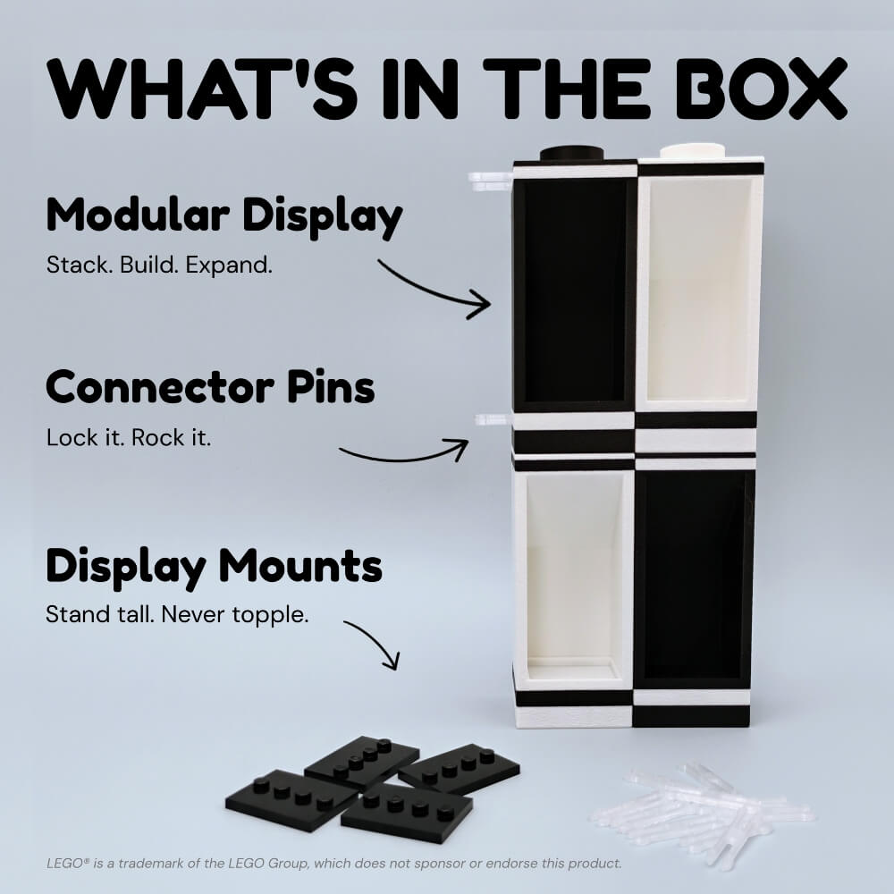 What’s in the Box display showing modular LEGO® minifigure case system with connector pins and display mounts. Each set includes modular single or double stud cases, secure pin connectors, and genuine LEGO® 3×4 plates for each unit. Display mounts ensure figures stay upright. Units stack with pins for flexible arrangements without interlocking, reducing wear. Ideal gift for LEGO® fans or collectors. Custom colors available for personalized minifig showcases.