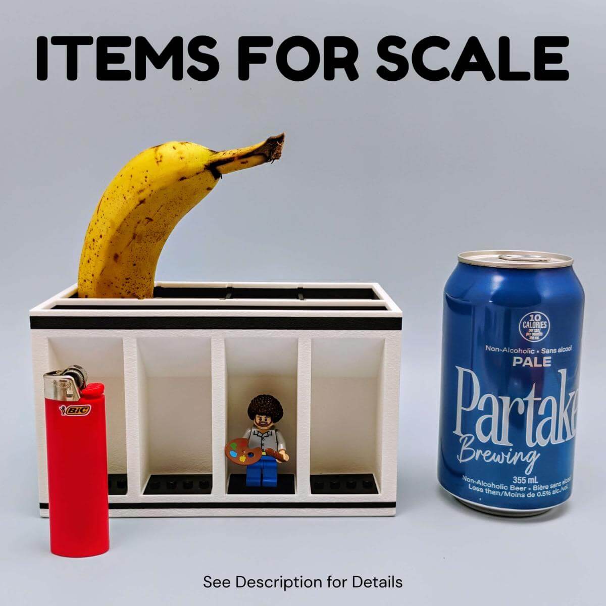 Visual scale reference of the LEGO minifigure desk organizer next to a soda can, scissors, and collectible minifig. Shows realistic size and capacity for desk tools and LEGO displays. Great for buyers who want a functional, playful storage piece with clear measurements and use cases.