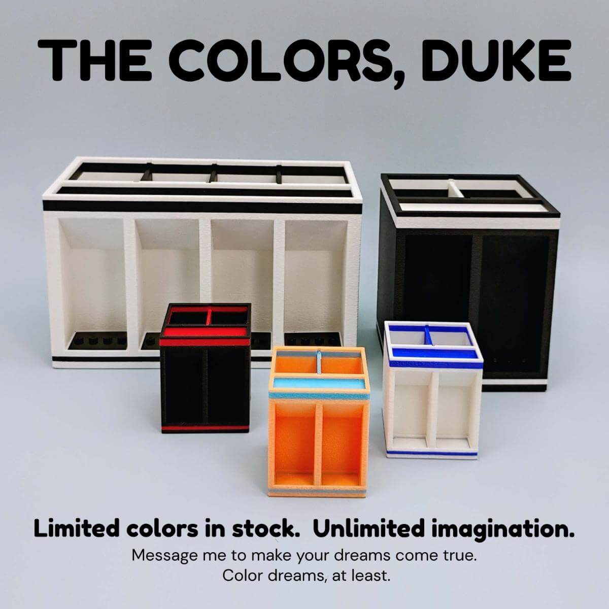 Available color options for the LEGO minifig desk organizer, including red, blue, orange, black, and white. Designed to match your workspace or your favorite bricks. Customizable pen holder with display slots for minifigs. Perfect gift for LEGO fans, collectors, and creative professionals.
