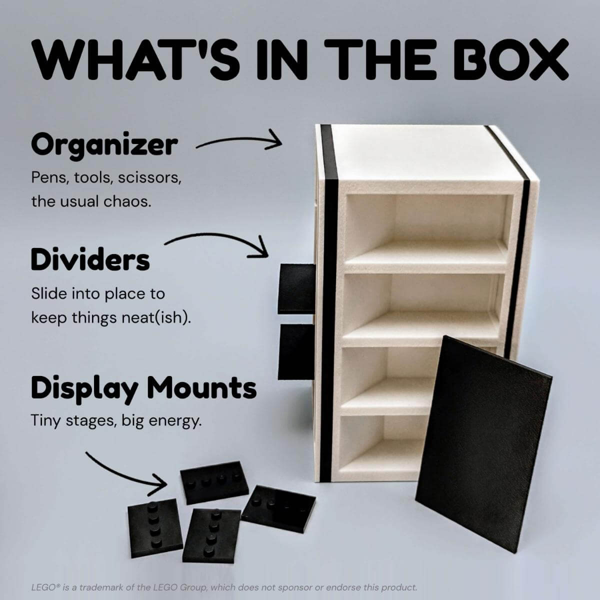 Image showing everything included with the LEGO desk organizer: main organizer unit, removable dividers, and display mounts for minifigures. A fun and functional setup for organizing your tools while showcasing your favorite LEGO characters. Ideal for AFOL desks or creative studios.