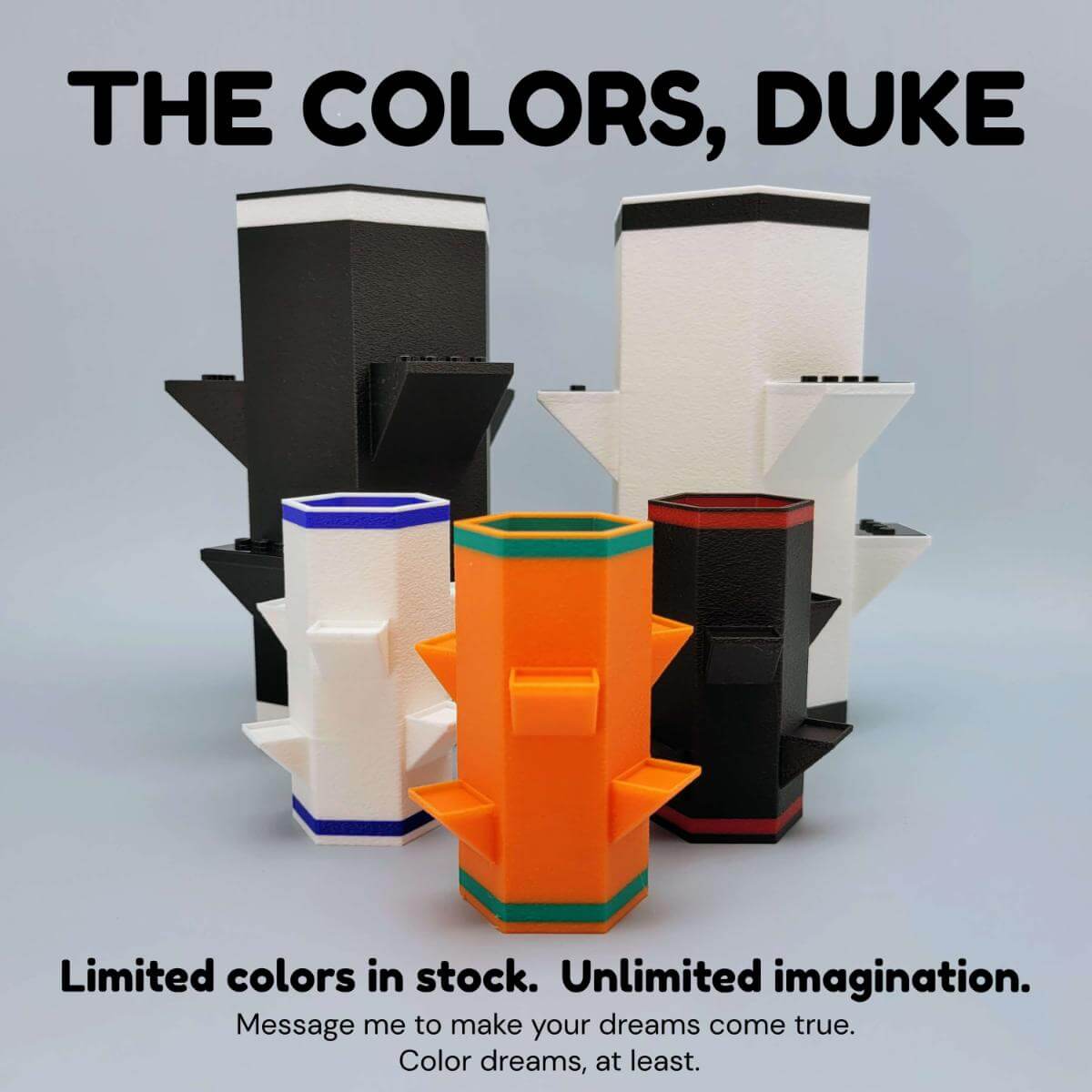 Group photo of five LEGO compatible minifigure display vases in various color combinations. Each vase features angular shelves for minifigure display and a modular design. Text reads 'The Colors, Duke' with a note about limited colors and custom options.