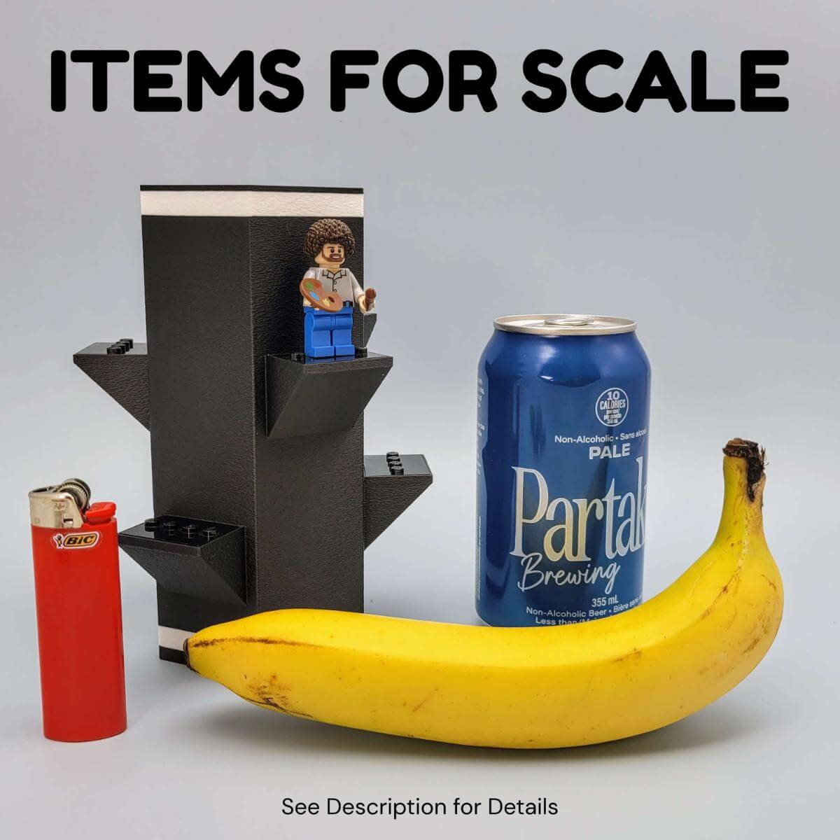 A minifigure display vase compatible with popular brick building toys, shown with common household objects for scale: a red lighter, a 12oz soda can, a banana, and a painter minifigure. Highlights the vase’s size, six display mounts, and botanical compatibility.