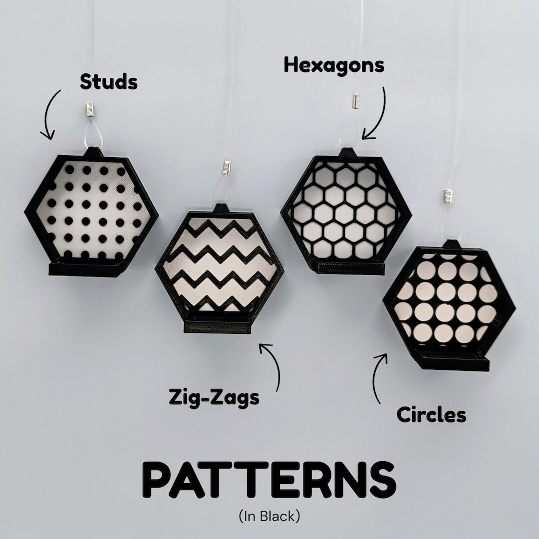 Monochrome set of hexagon displays that shows face pattern options with labels: studs, hexagons, zig-zags, circles. Minimal black look for cohesive setups.