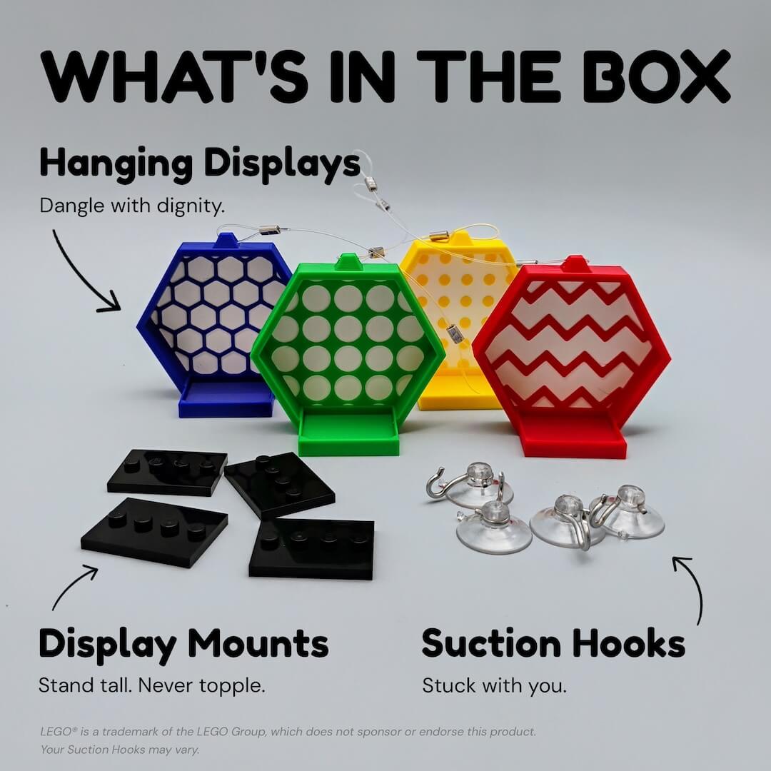Flat lay titled What is in the box showing the hanging LEGO® minifigure displays, display mounts, and clear suction hooks with rings. Visual checklist of included parts.